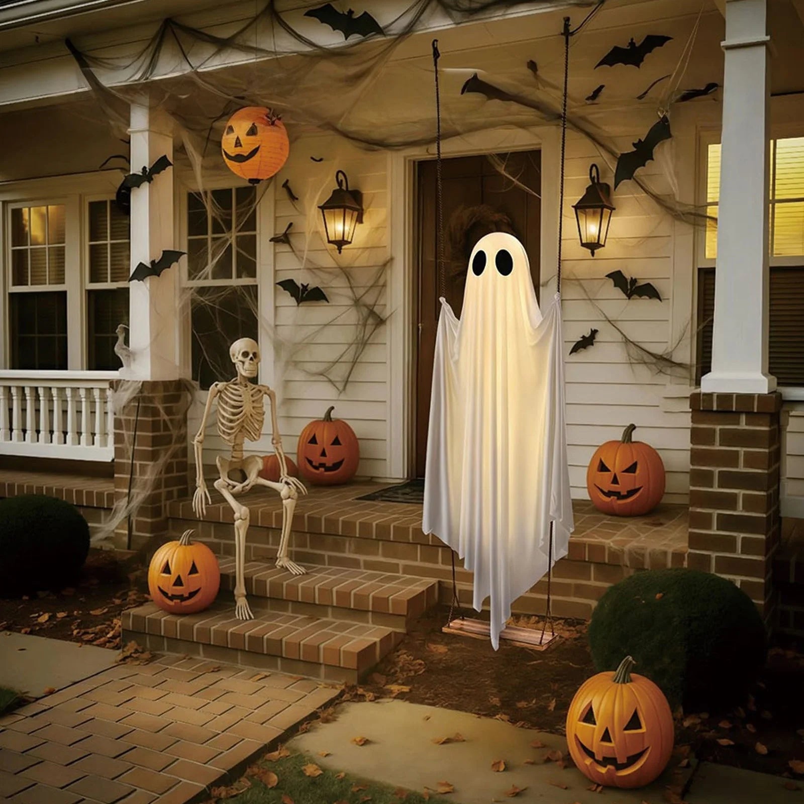 Halloween Hanging Swing Ghost Decor LED Adjustable Ghost Decorations Battery Powered Lighted Swing Pendant for Porch Yard Trees