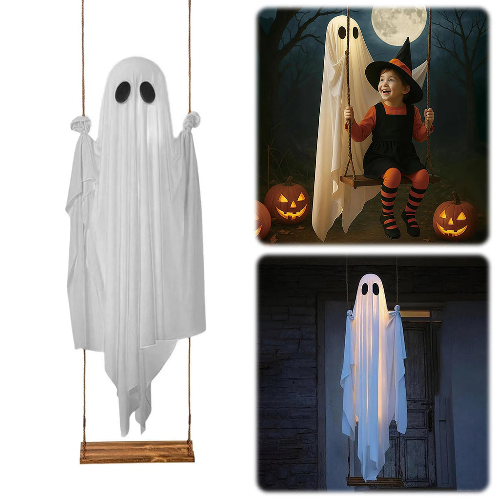 Halloween Hanging Swing Ghost Decor LED Adjustable Ghost Decorations Battery Powered Lighted Swing Pendant for Porch Yard Trees