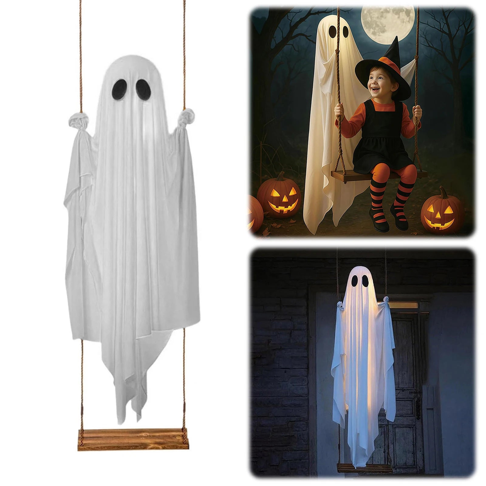 Halloween Hanging Swing Ghost Decor LED Adjustable Ghost Decorations Battery Powered Lighted Swing Pendant for Porch Yard Trees