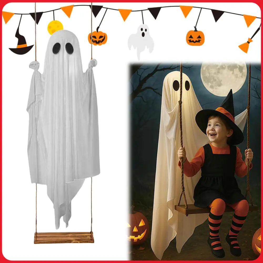 Halloween Hanging Swing Ghost Decor LED Adjustable Ghost Decorations Battery Powered Lighted Swing Pendant for Porch Yard Trees